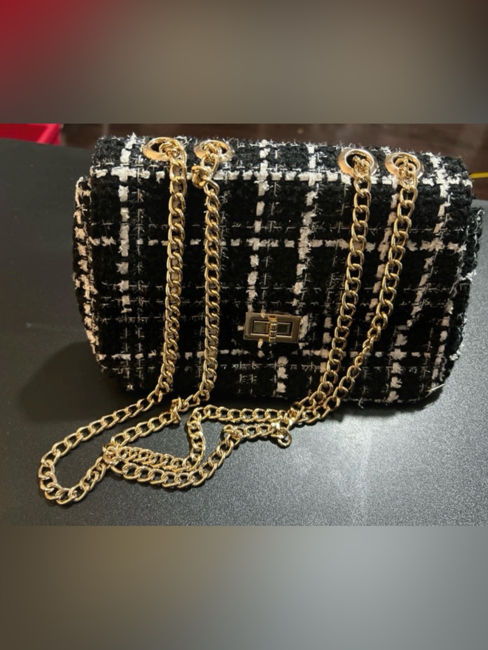 Black & White Tweed Chain Shoulder Bag